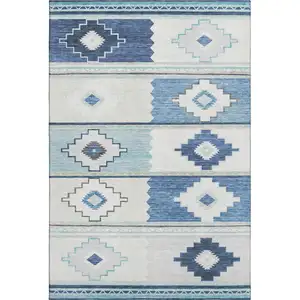 Photo of Blue And Ivory Geometric Washable Area Rug With UV Protection