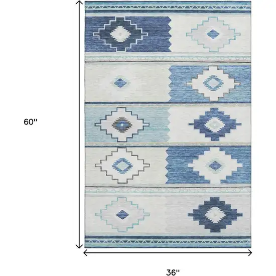 Blue And Ivory Geometric Washable Area Rug With UV Protection Photo 9