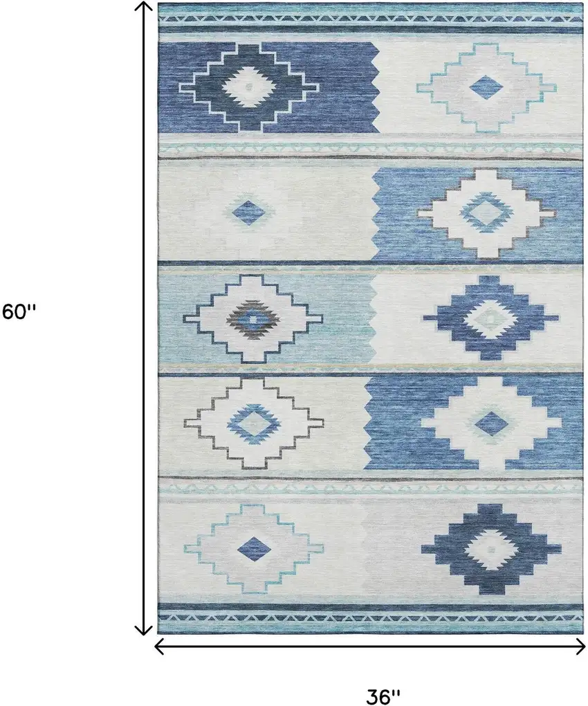 Blue And Ivory Geometric Washable Area Rug With UV Protection Photo 9