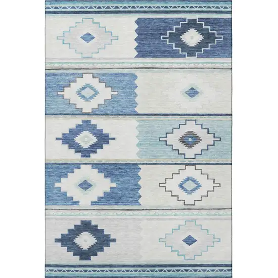 Blue And Ivory Geometric Washable Area Rug With UV Protection Photo 4