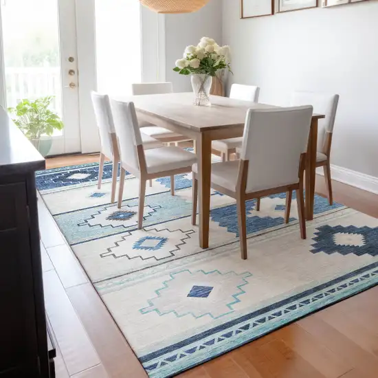 Blue And Ivory Geometric Washable Area Rug With UV Protection Photo 6