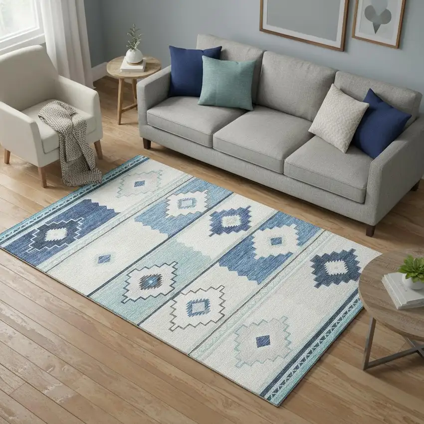 Blue And Ivory Geometric Washable Area Rug With UV Protection Photo 1