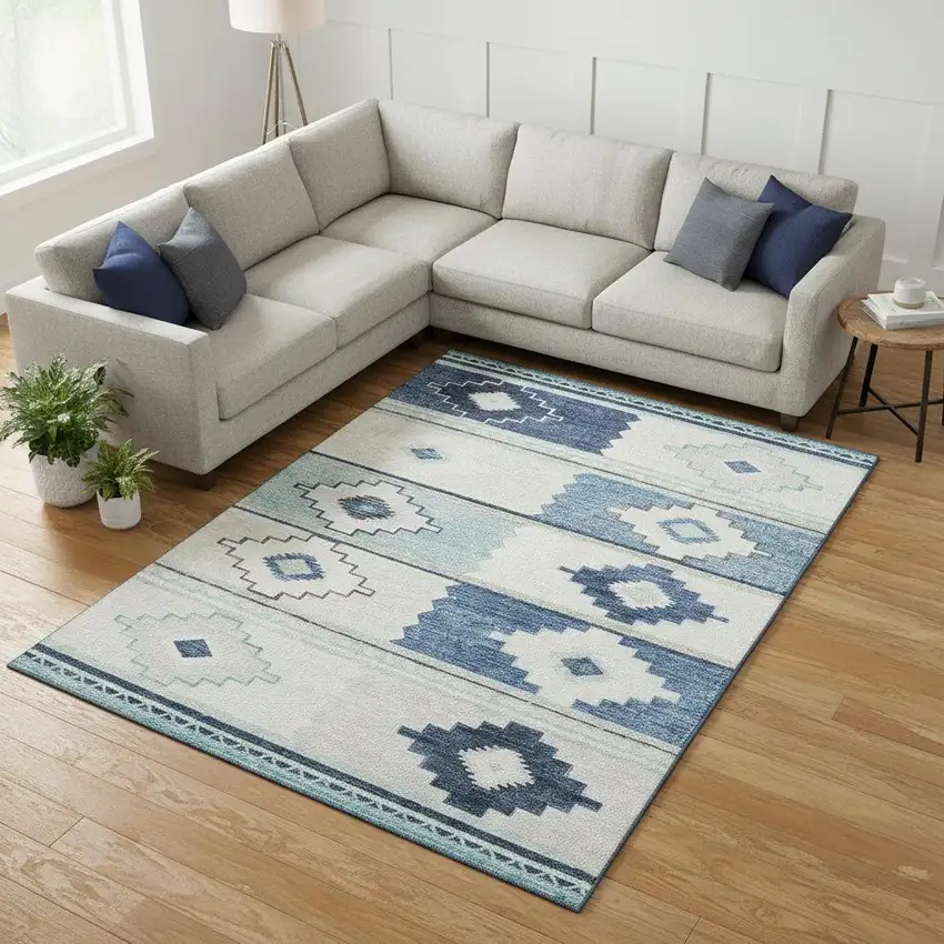Blue And Ivory Geometric Washable Area Rug With UV Protection Photo 1
