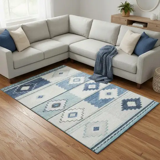 Blue And Ivory Geometric Washable Area Rug With UV Protection Photo 1