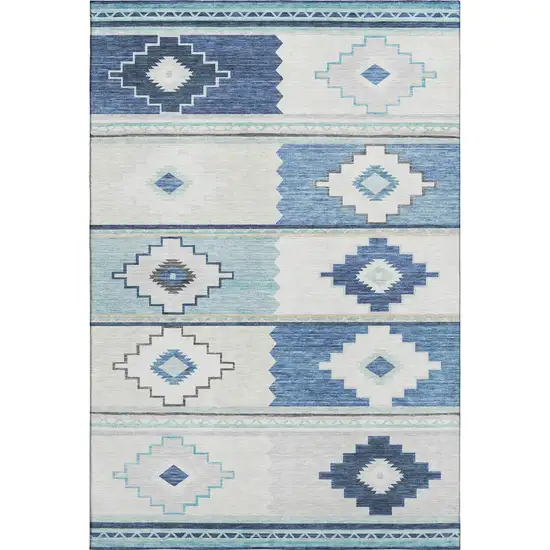 Blue And Ivory Geometric Washable Area Rug With UV Protection Photo 1