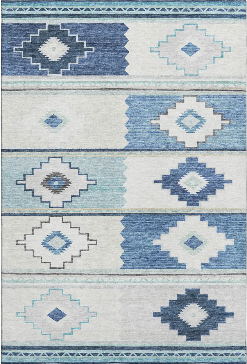 Blue And Ivory Geometric Washable Area Rug With UV Protection Photo 1