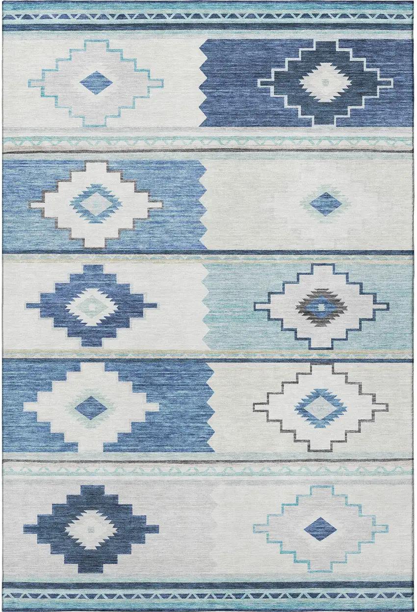 Blue And Ivory Geometric Washable Area Rug With UV Protection Photo 4