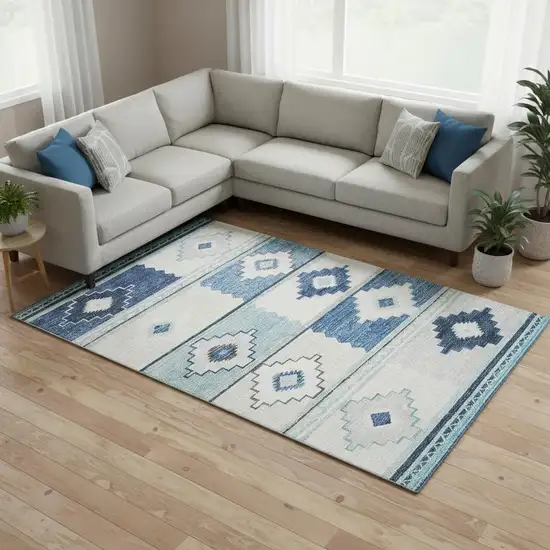 Blue And Ivory Geometric Washable Area Rug With UV Protection Photo 1