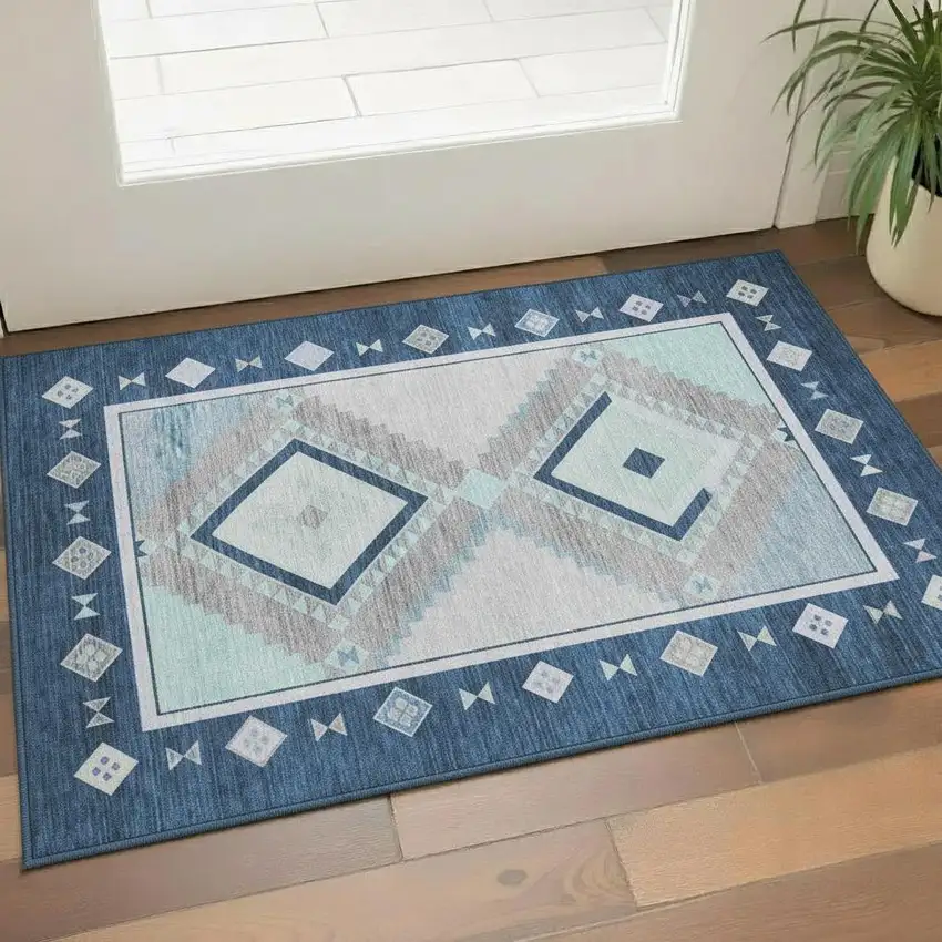 Blue And Ivory Geometric Washable Area Rug With UV Protection Photo 1