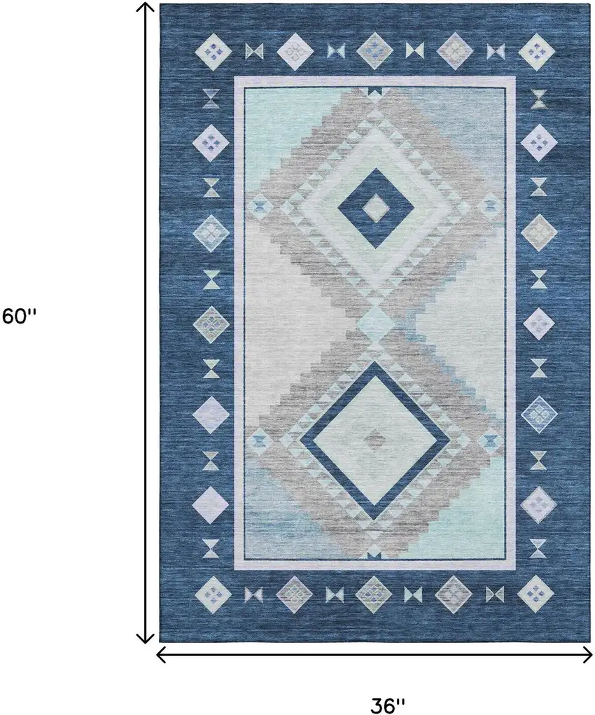 Blue And Ivory Geometric Washable Area Rug With UV Protection Photo 3