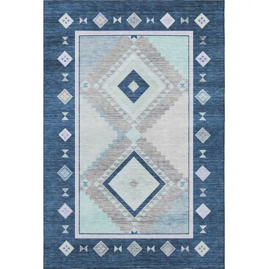 Blue And Ivory Geometric Washable Area Rug With UV Protection Photo 4