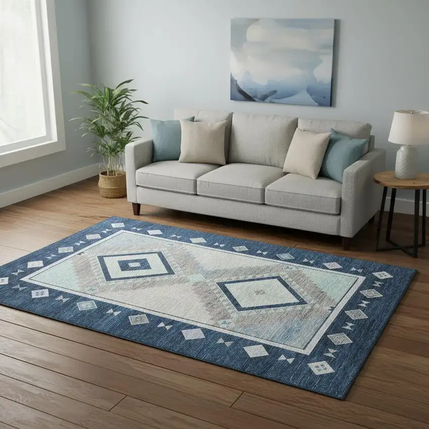 Blue And Ivory Geometric Washable Area Rug With UV Protection Photo 1
