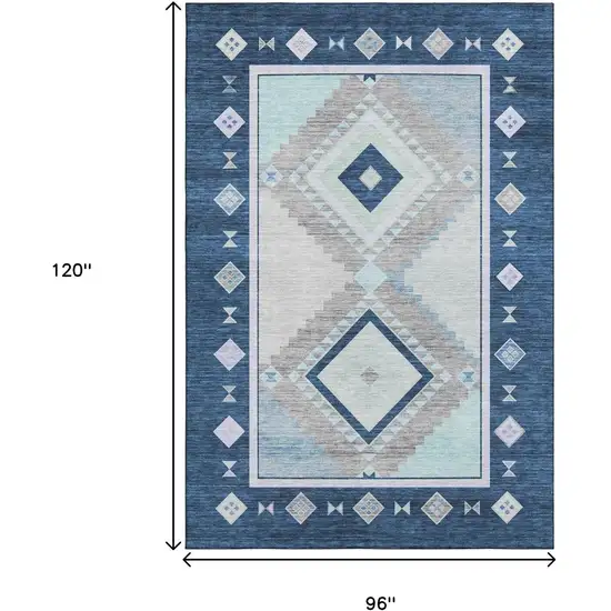 Blue And Ivory Geometric Washable Area Rug With UV Protection Photo 3