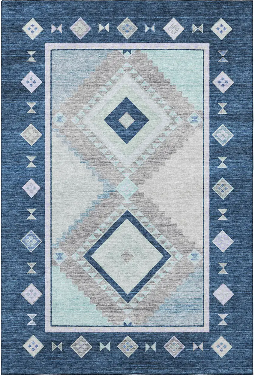 Blue And Ivory Geometric Washable Area Rug With UV Protection Photo 3