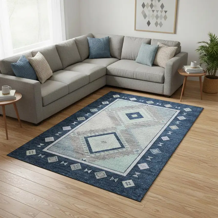Blue And Ivory Geometric Washable Area Rug With UV Protection Photo 1