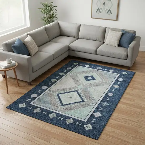 Blue And Ivory Geometric Washable Area Rug With UV Protection Photo 1