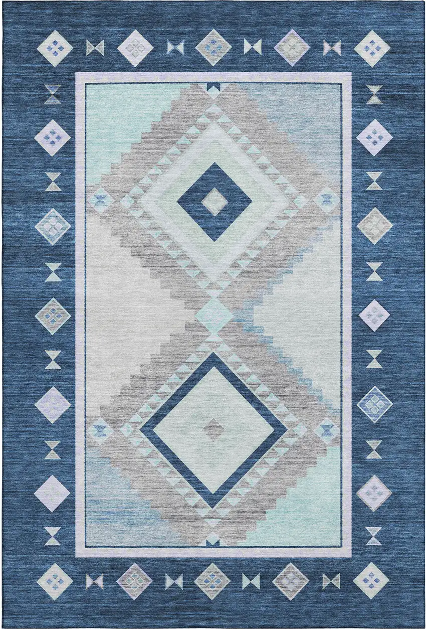 Blue And Ivory Geometric Washable Area Rug With UV Protection Photo 1