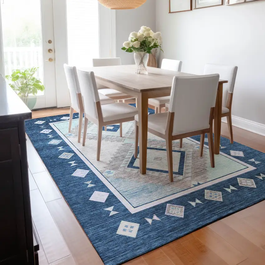 Blue And Ivory Geometric Washable Area Rug With UV Protection Photo 5