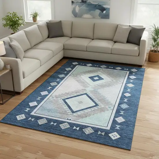 Blue And Ivory Geometric Washable Area Rug With UV Protection Photo 1