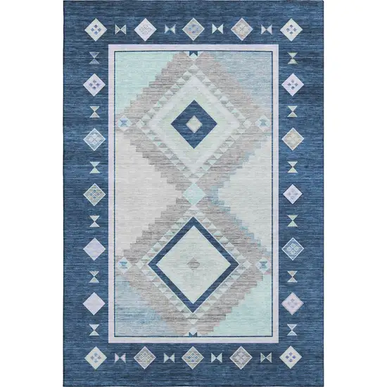 Blue And Ivory Geometric Washable Area Rug With UV Protection Photo 1