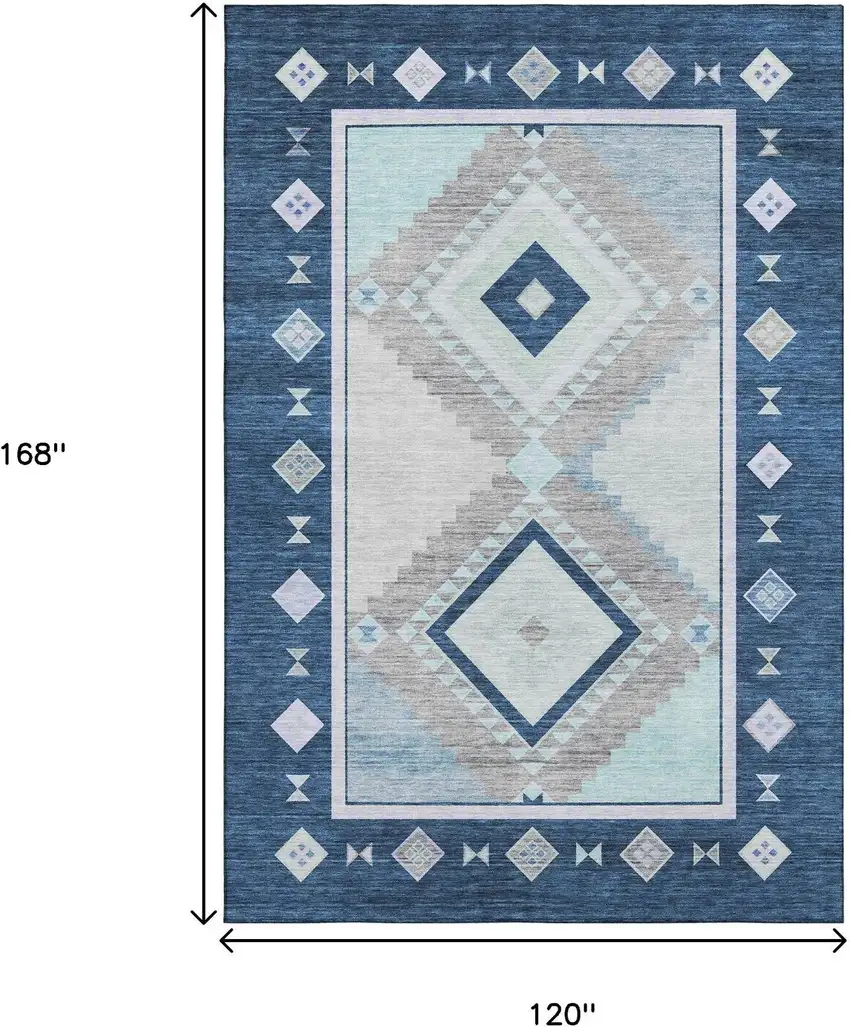 Blue And Ivory Geometric Washable Area Rug With UV Protection Photo 3