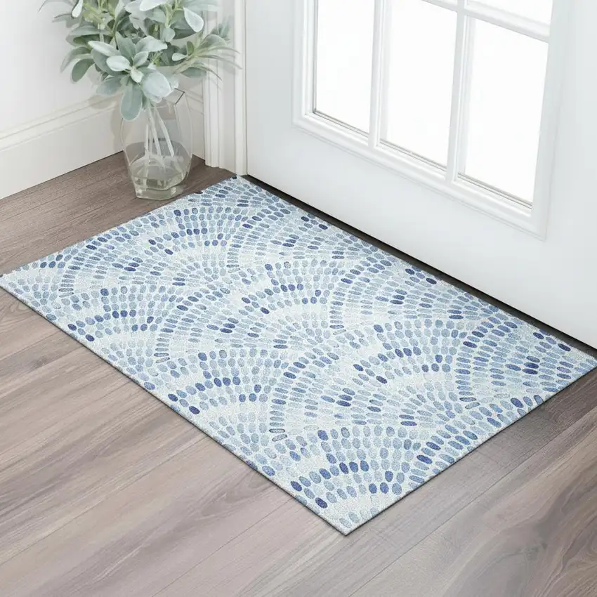 Blue And Ivory Geometric Washable Area Rug With UV Protection Photo 1
