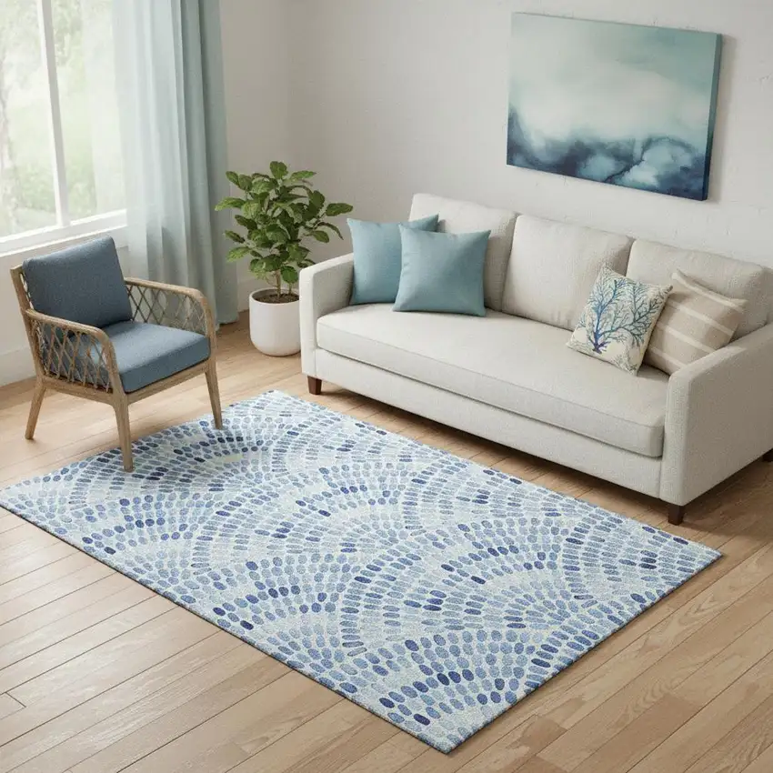 Blue And Ivory Geometric Washable Area Rug With UV Protection Photo 1
