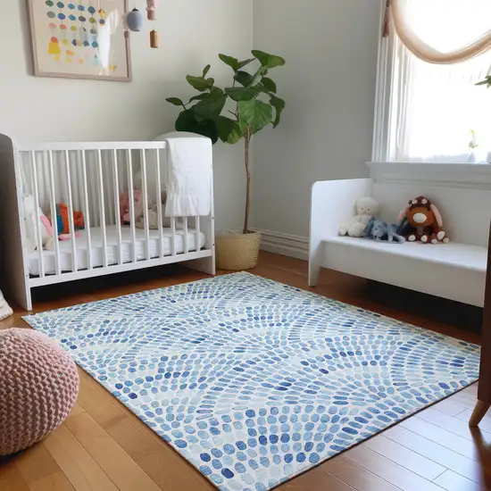 Blue And Ivory Geometric Washable Area Rug With UV Protection Photo 5