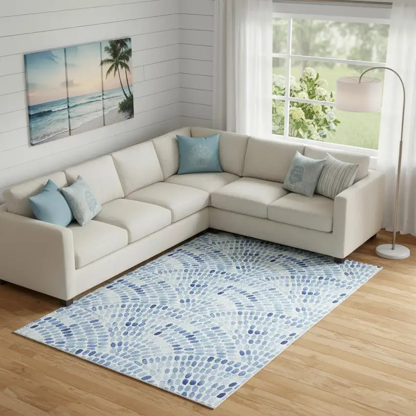 Blue And Ivory Geometric Washable Area Rug With UV Protection Photo 1