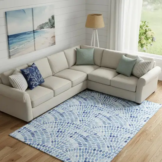 Blue And Ivory Geometric Washable Area Rug With UV Protection Photo 1