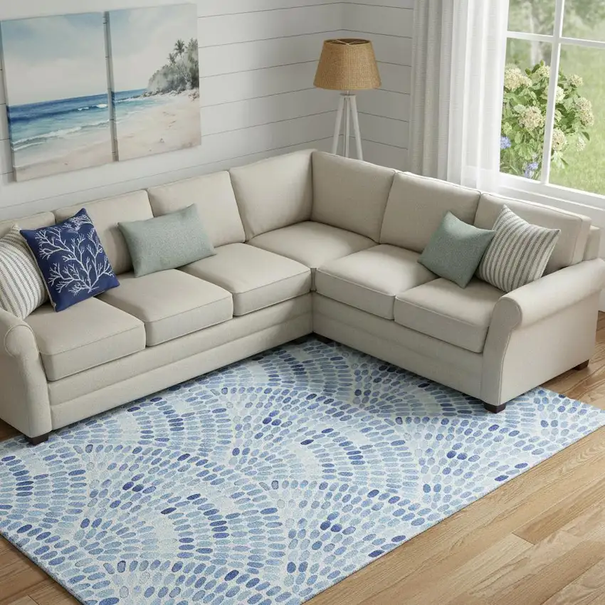 Blue And Ivory Geometric Washable Area Rug With UV Protection Photo 1