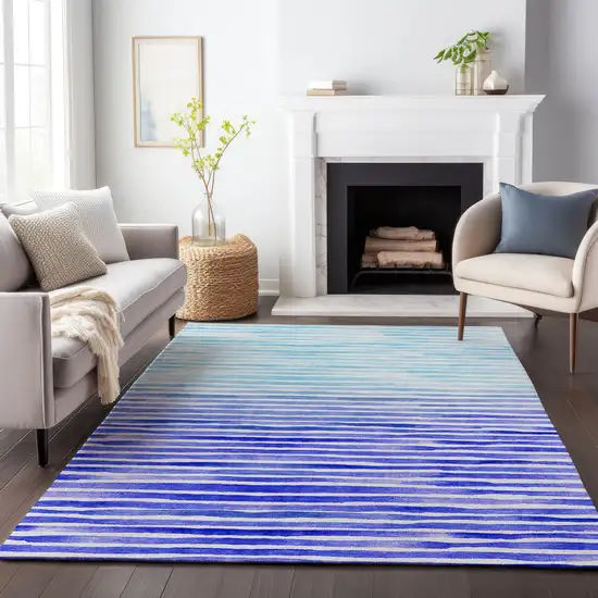 Blue And Ivory Geometric Washable Area Rug With UV Protection Photo 6