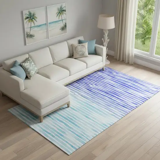 Blue And Ivory Geometric Washable Area Rug With UV Protection Photo 1
