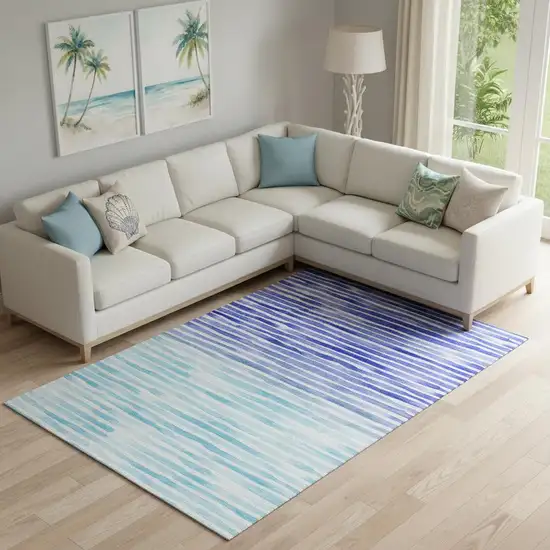 Blue And Ivory Geometric Washable Area Rug With UV Protection Photo 1