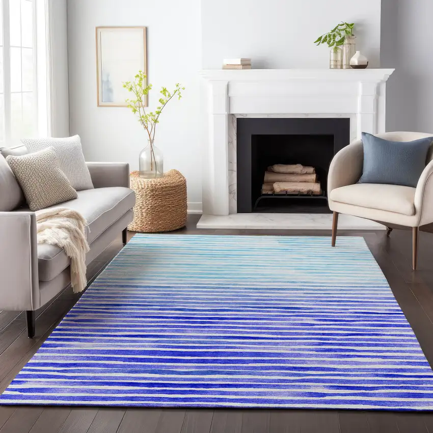Blue And Ivory Geometric Washable Area Rug With UV Protection Photo 4