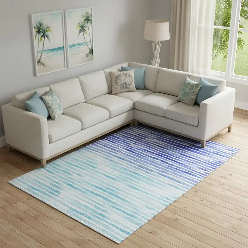 Blue And Ivory Geometric Washable Area Rug With UV Protection Photo 1