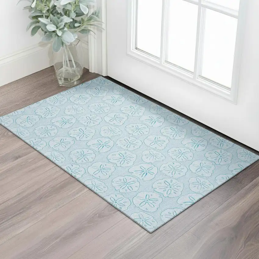 Blue And Ivory Geometric Washable Area Rug With UV Protection Photo 1