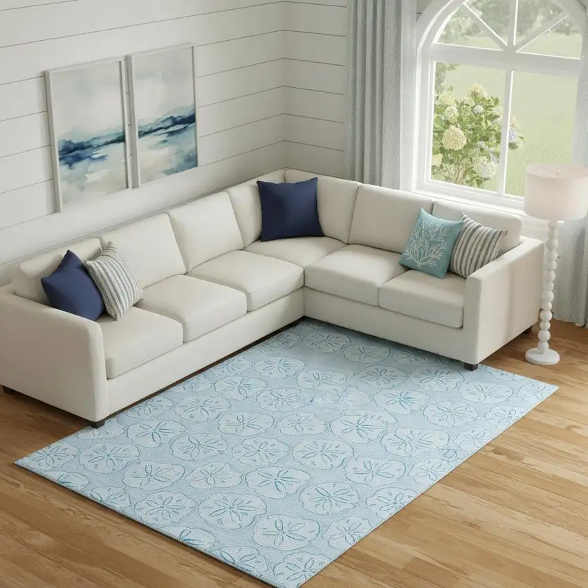 Blue And Ivory Geometric Washable Area Rug With UV Protection Photo 1