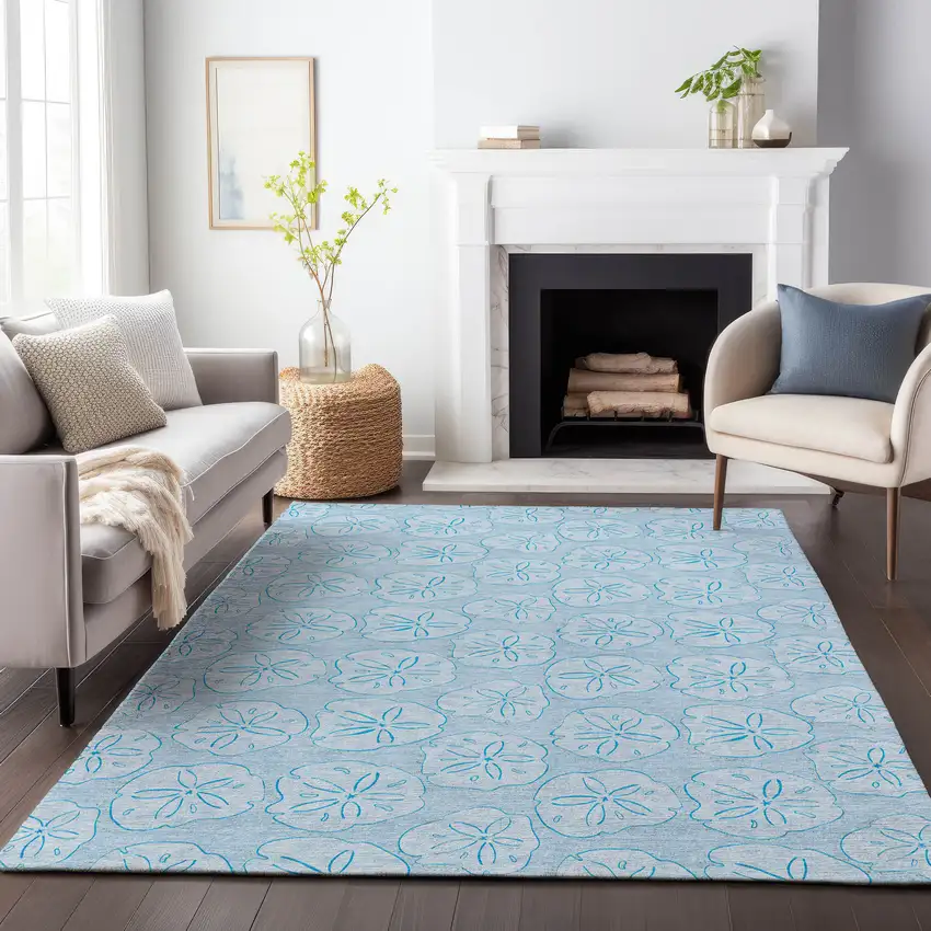 Blue And Ivory Geometric Washable Area Rug With UV Protection Photo 6