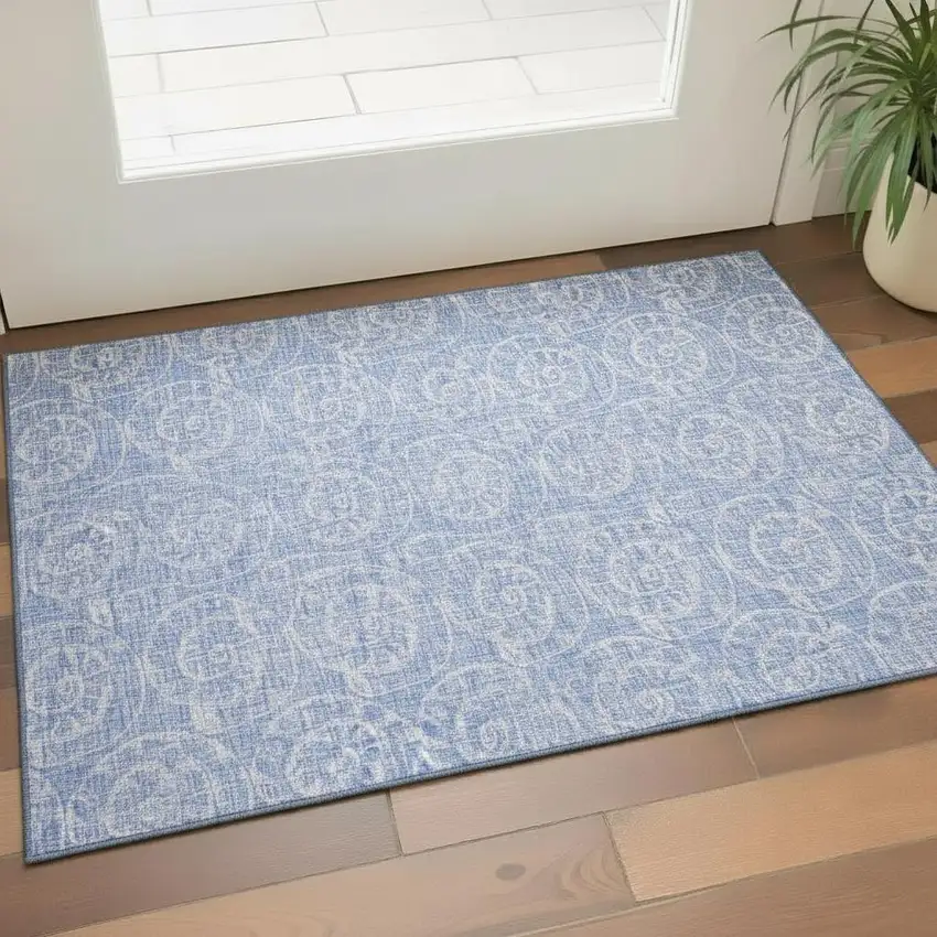 Blue And Ivory Geometric Washable Area Rug With UV Protection Photo 1