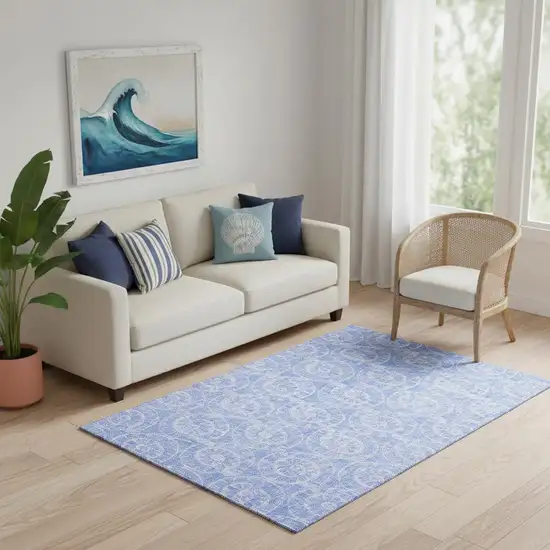 Blue And Ivory Geometric Washable Area Rug With UV Protection Photo 1