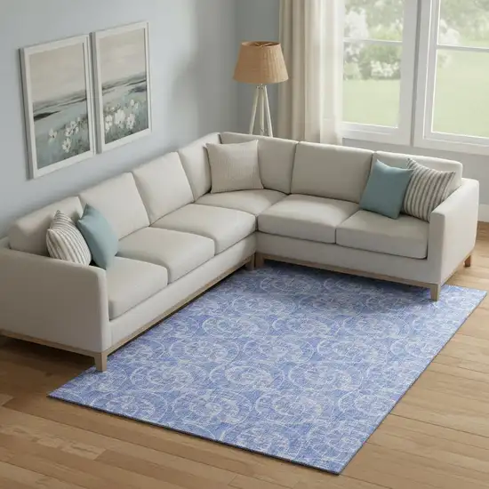 Blue And Ivory Geometric Washable Area Rug With UV Protection Photo 1