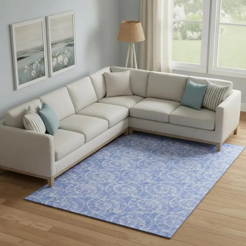 Blue And Ivory Geometric Washable Area Rug With UV Protection Photo 1