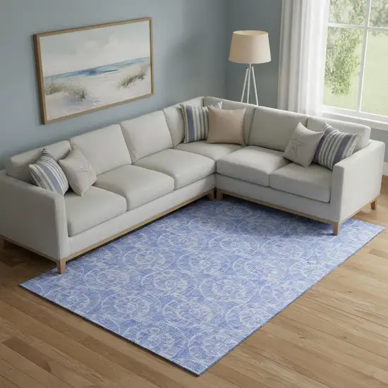 Blue And Ivory Geometric Washable Area Rug With UV Protection Photo 1