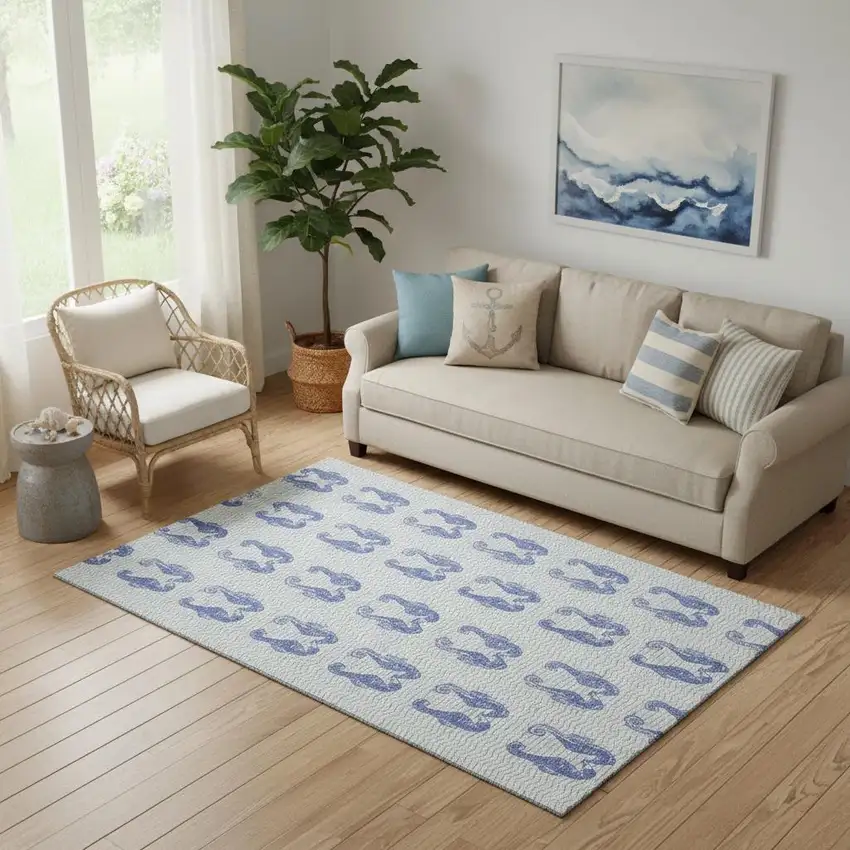 Blue And Ivory Geometric Washable Area Rug With UV Protection Photo 1