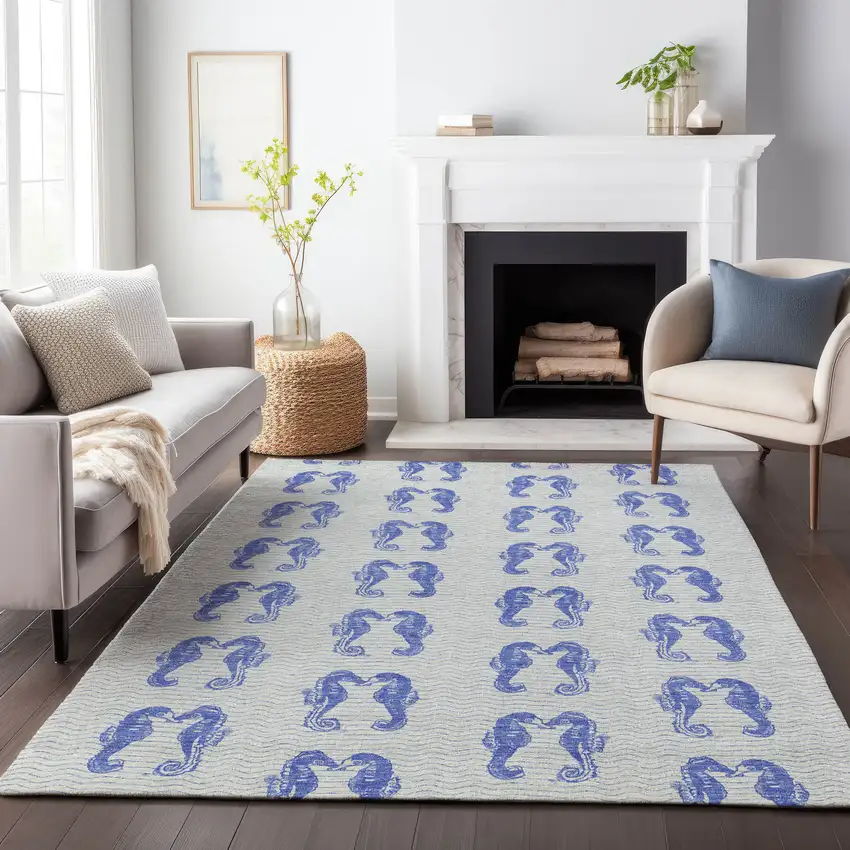 Blue And Ivory Geometric Washable Area Rug With UV Protection Photo 6