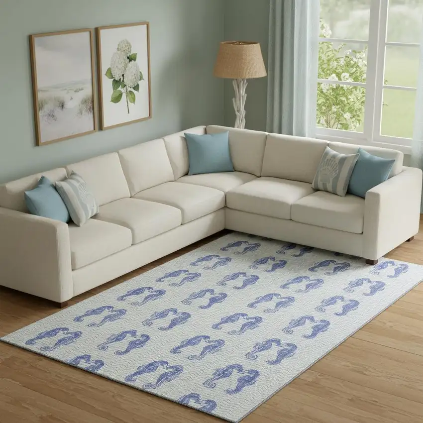 Blue And Ivory Geometric Washable Area Rug With UV Protection Photo 1