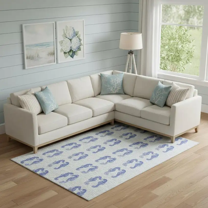 Blue And Ivory Geometric Washable Area Rug With UV Protection Photo 1
