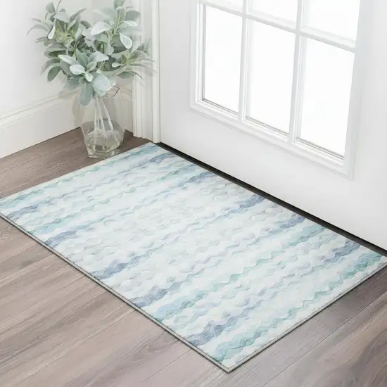 Blue And Ivory Geometric Washable Area Rug With UV Protection Photo 1