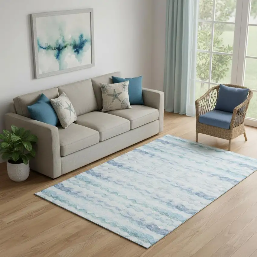 Blue And Ivory Geometric Washable Area Rug With UV Protection Photo 1